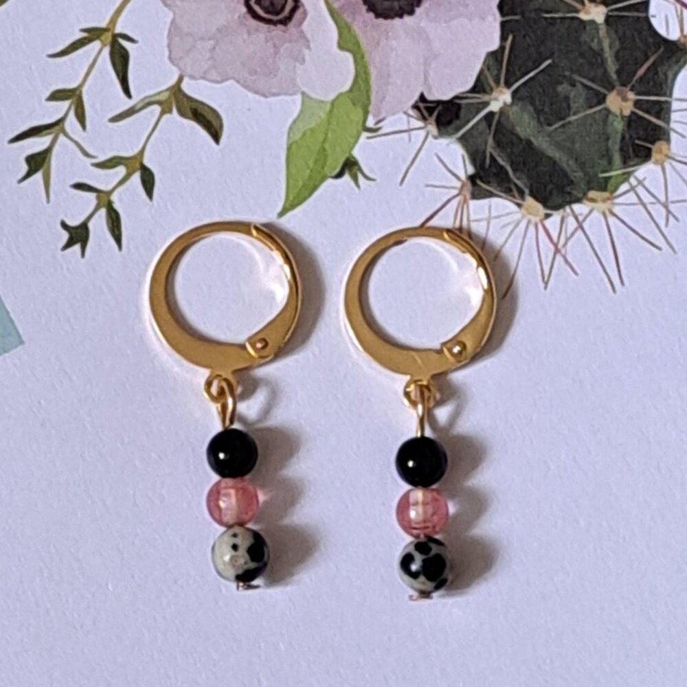 Gold Hoop Dainty Earrings with Onyx, Dalmatian Jasper, and Glass Cherry Quartz